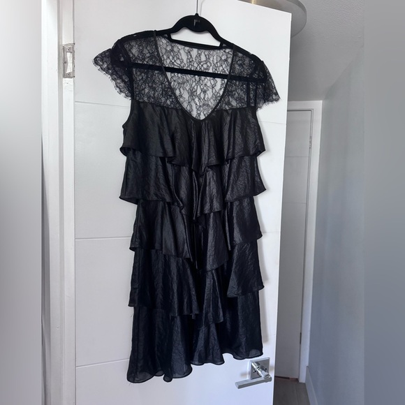 BCBGMaxAzria Metallic Black lace & ruffle dress in size M - Picture 2 of 4